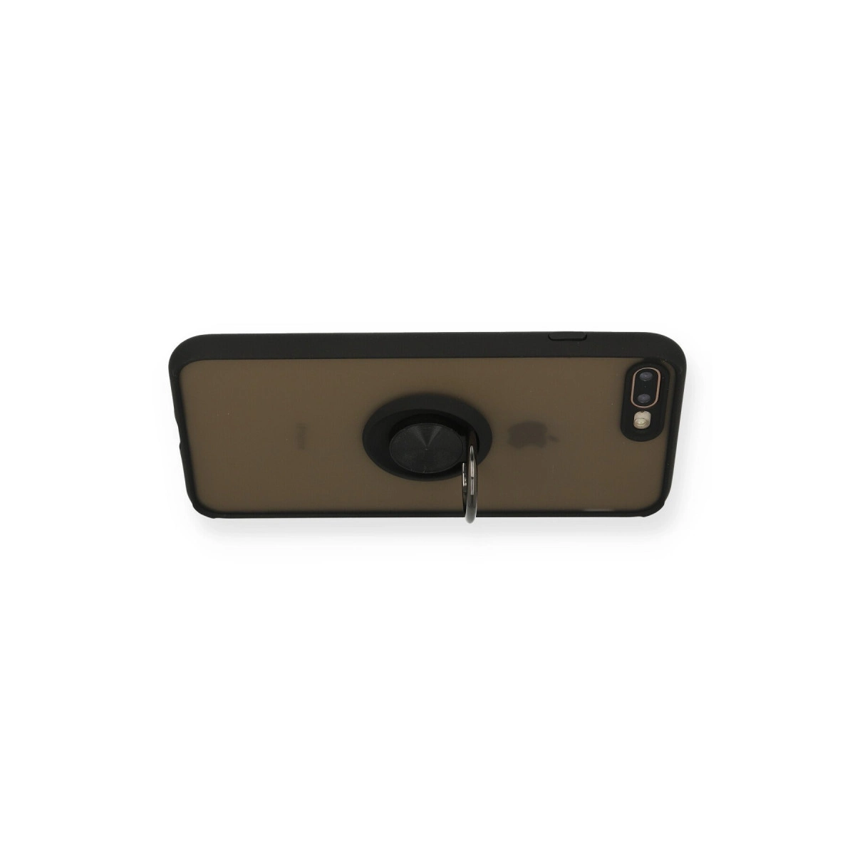 Beyaz zeminde halka tutuculu koyu renk telefon.