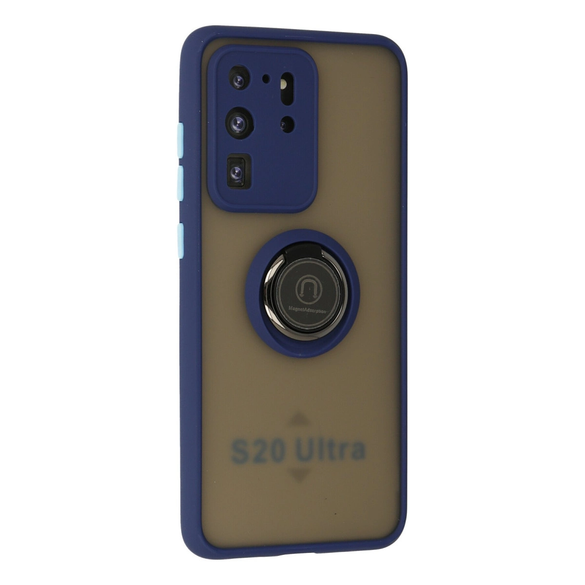 Mavi kenarlı, kamera ve halka tutuculu kahverengi telefon kılıfı.
