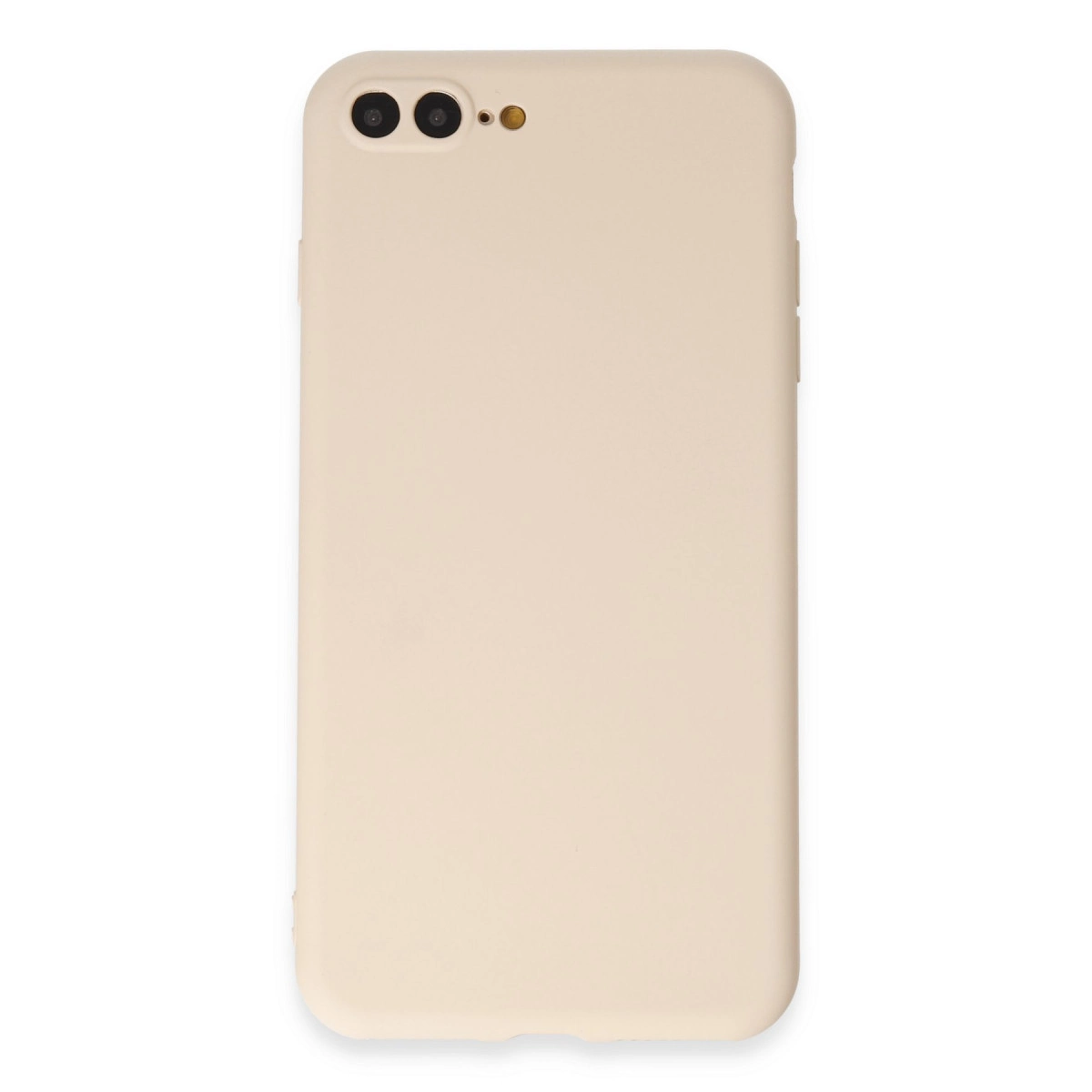 Sol üstte çift kamera açıklığına sahip bej telefon kılıfı.