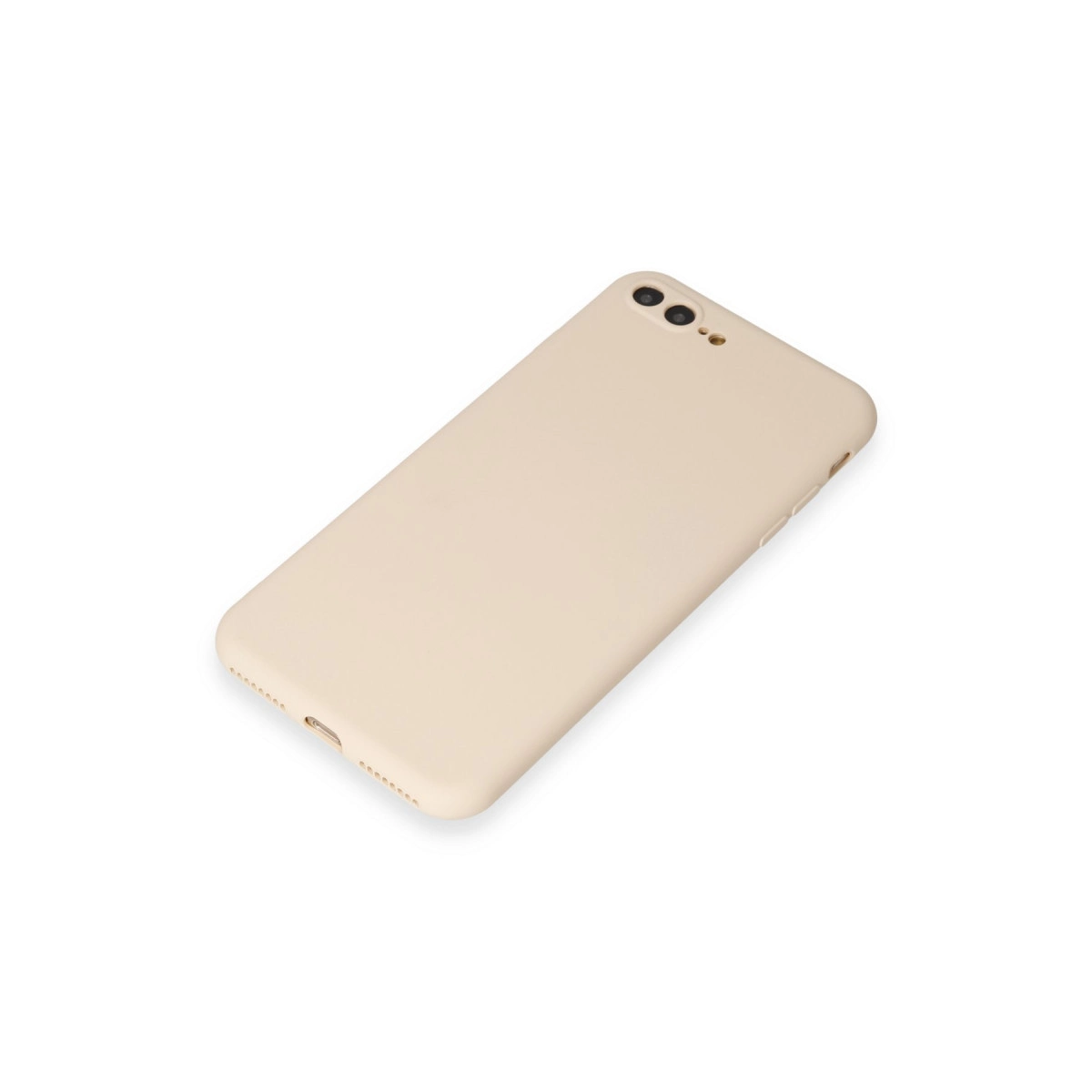 Açık bej telefon kılıfı beyaz zeminde duruyor.