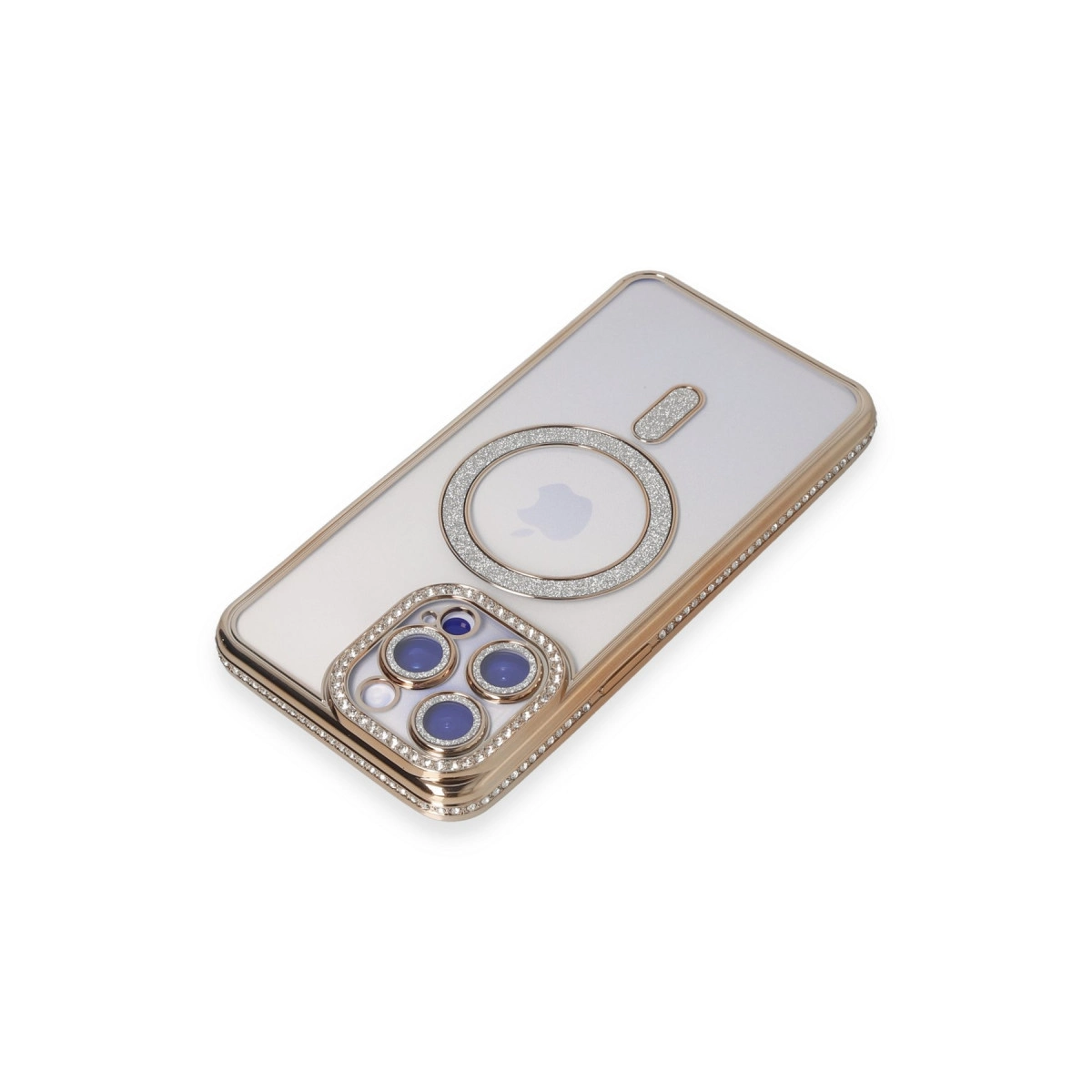 Altın kenarlı, kristalli ve MagSafe halkalı şeffaf telefon kılıfı.
