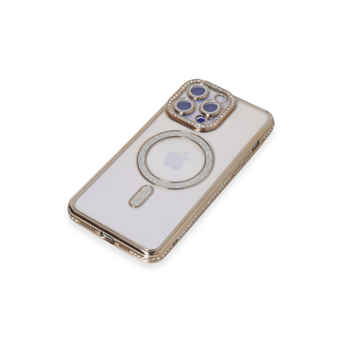 Kameralı ve Apple logolu ışıltılı iPhone kılıfı.