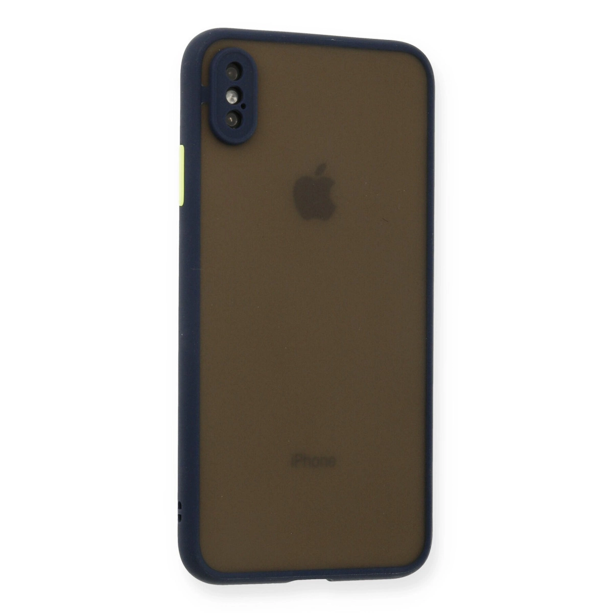 Koyu kahverengi telefon kılıfı, koyu çerçeveli, Apple logosu ve kamera lensi.