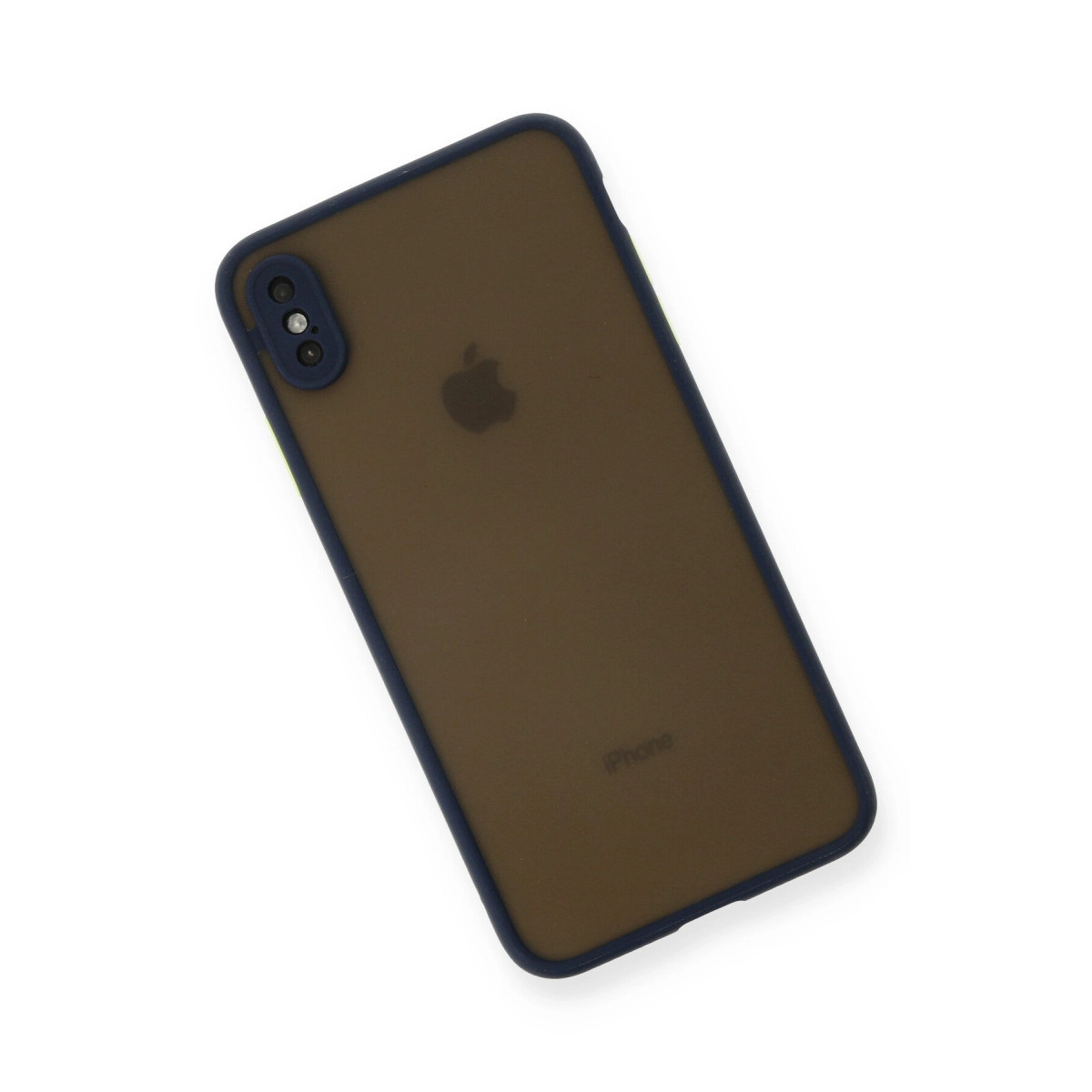 Koyu kahverengi iPhone kılıfı, koyu çerçeveli ve Apple logosu.