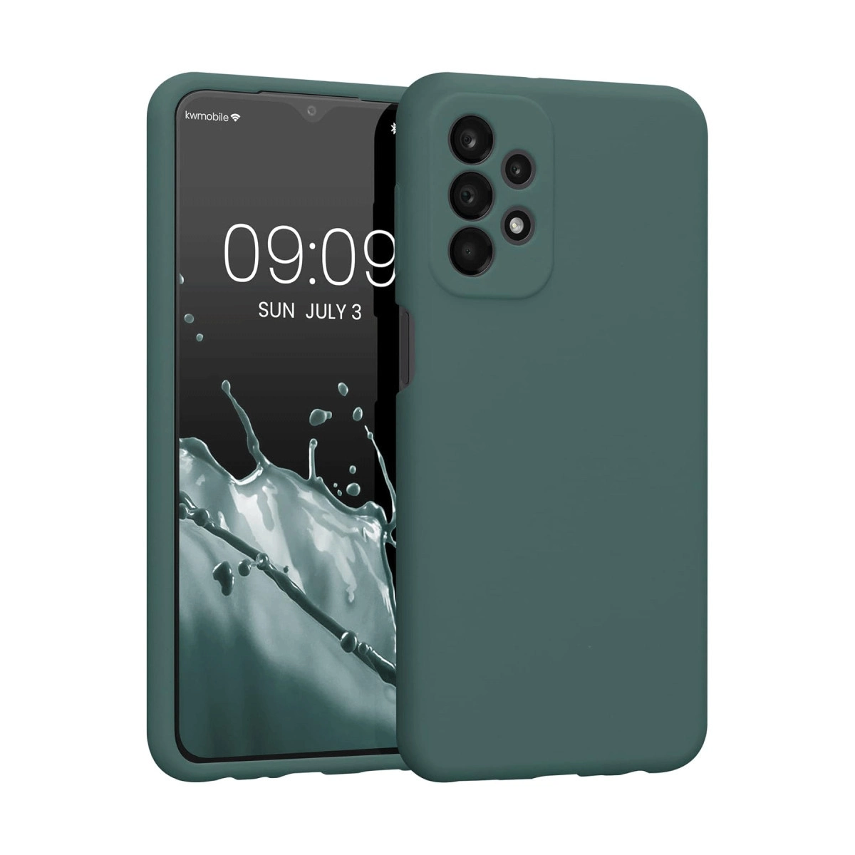 Su sıçraması duvar kağıtlı akıllı telefon üzerinde koyu yeşil kılıf.