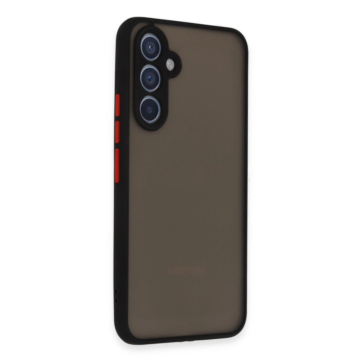 Üç kameralı, kırmızı vurgulu düğmeli koyu renk telefon kılıfı.