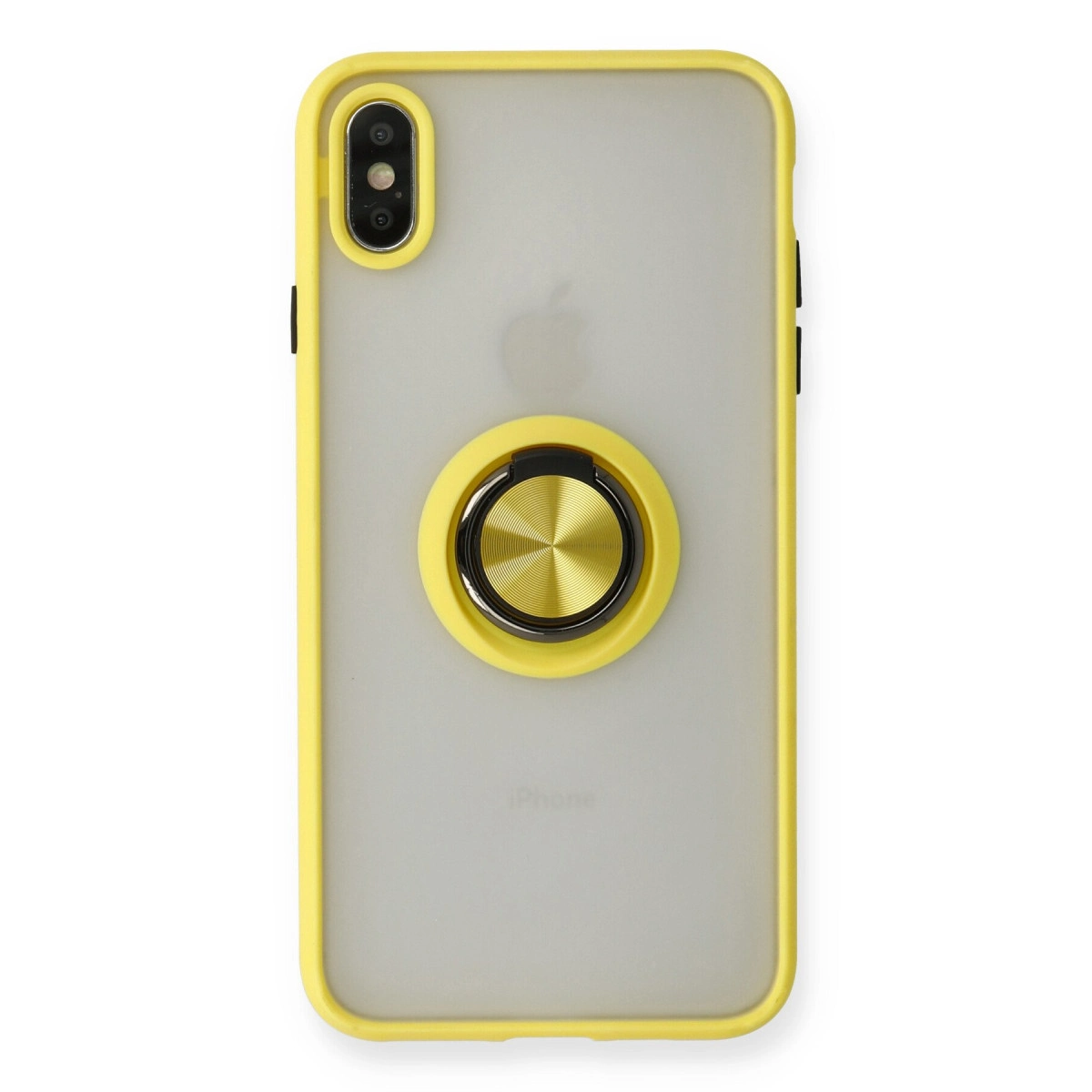 Arkada altın halka tutuculu sarı bir iPhone kılıfı.