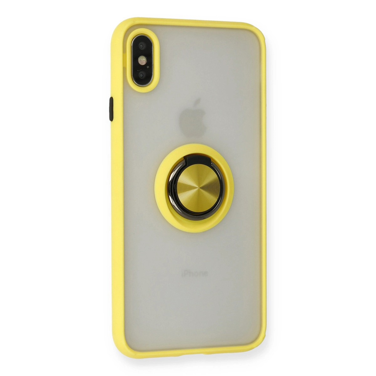 Arkada altın halka tutuculu sarı iPhone kılıfı.