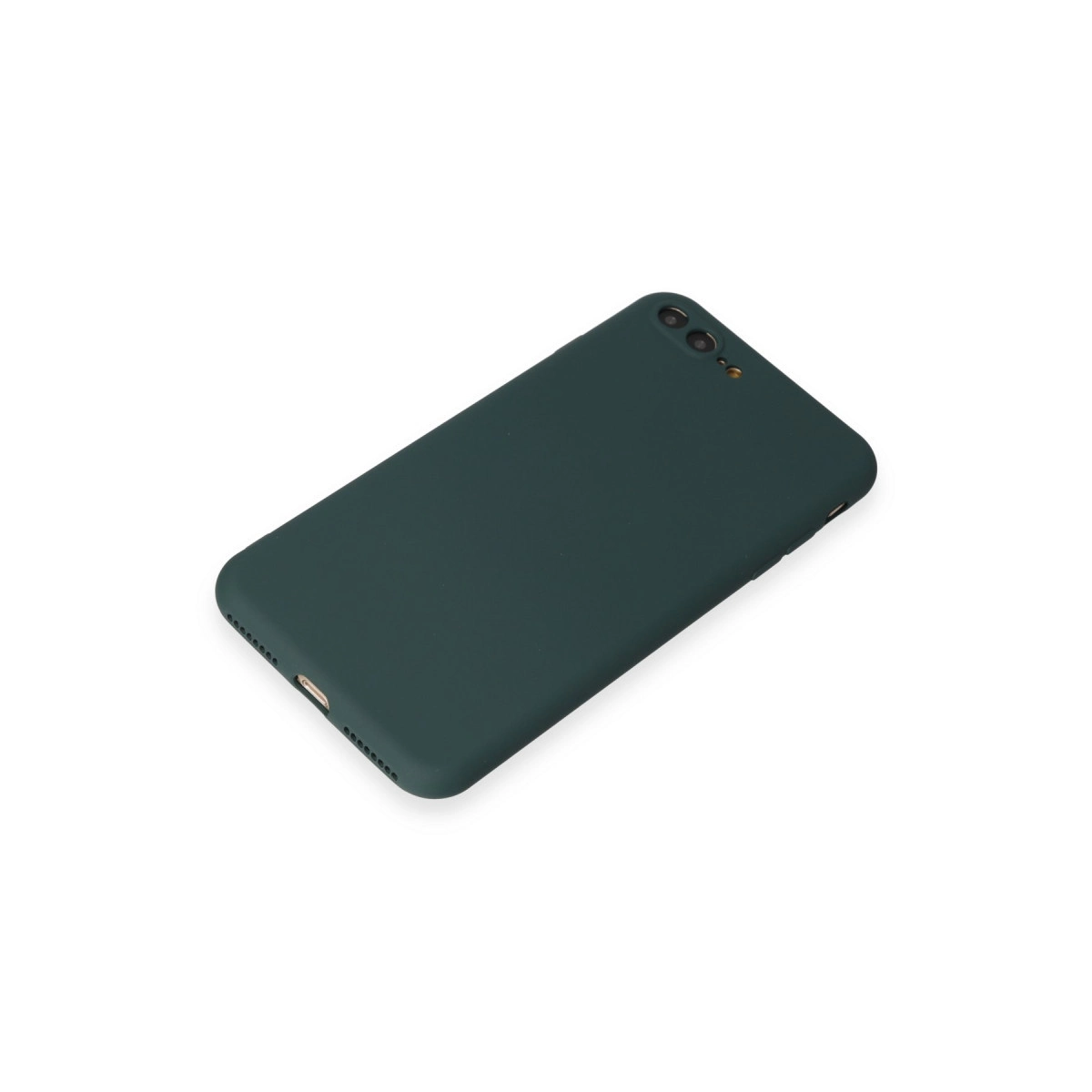Koyu yeşil telefon kılıfı, çift kamera kesimiyle, beyaz arka plan.