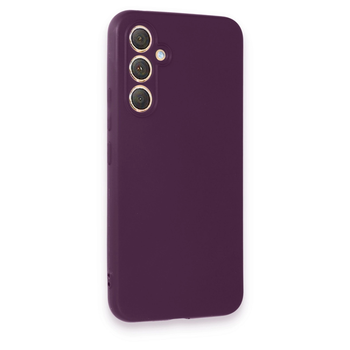 Üç kamera lensli ve flaşlı koyu mor telefon kılıfı.