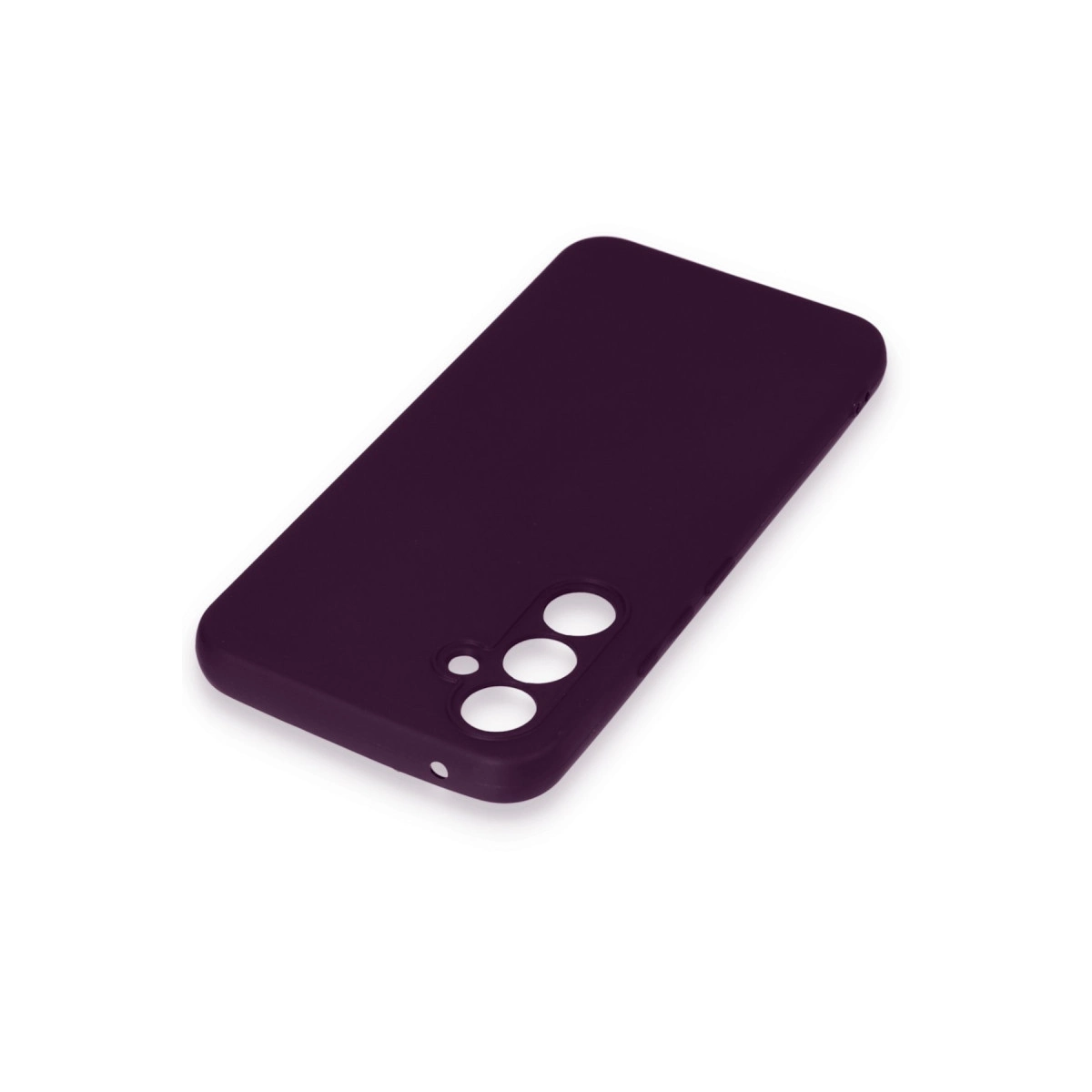 Koyu mor renkli telefon kılıfı, kamera kesikleriyle, beyaz zeminde.