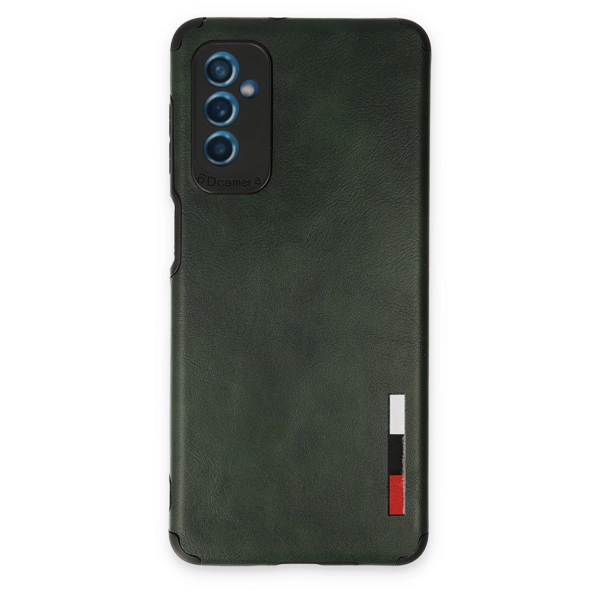 Kamera dizilimli ve dikey şeritli koyu yeşil telefon kılıfı.