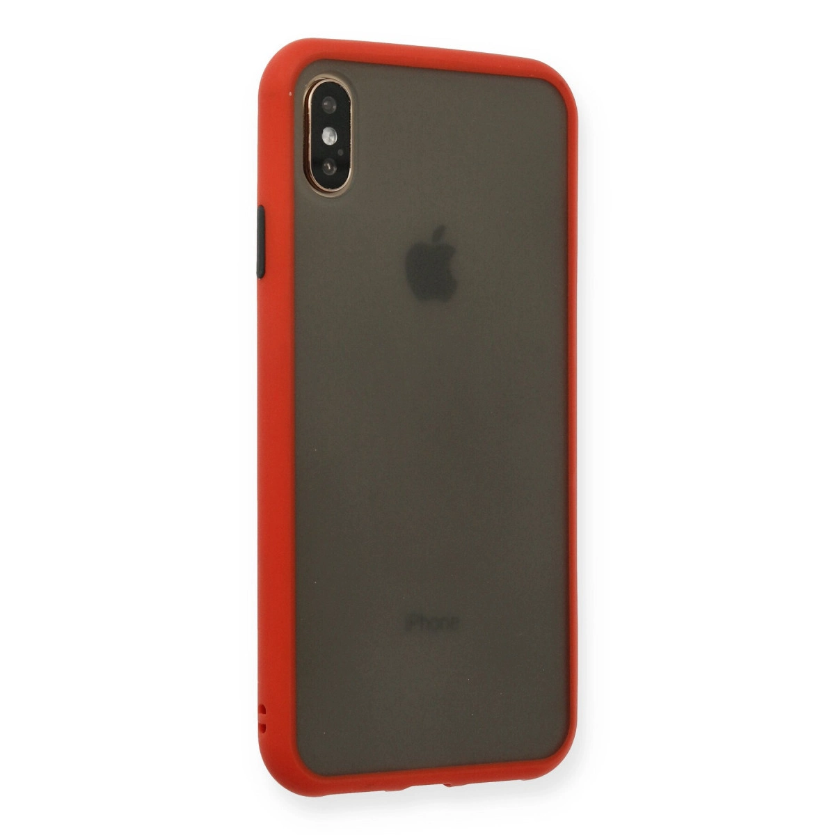 Apple logolu koyu renkli iPhone üzerinde kırmızı kılıf.