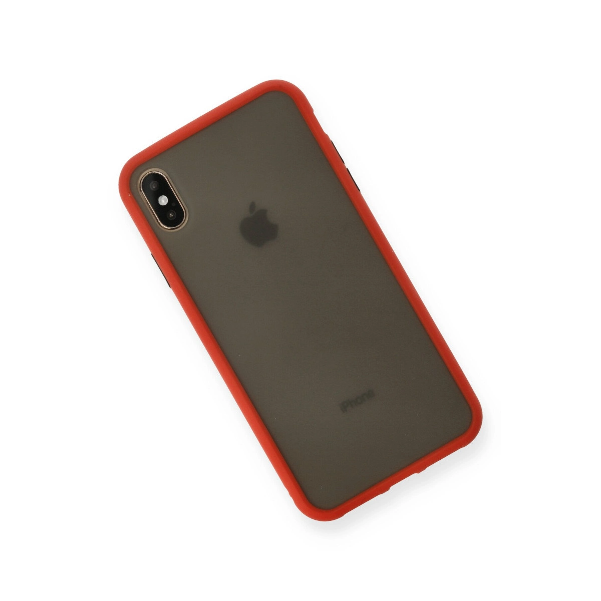 Kırmızı tamponlu koyu gri iPhone, Apple logosu ve "iPhone" yazısı.