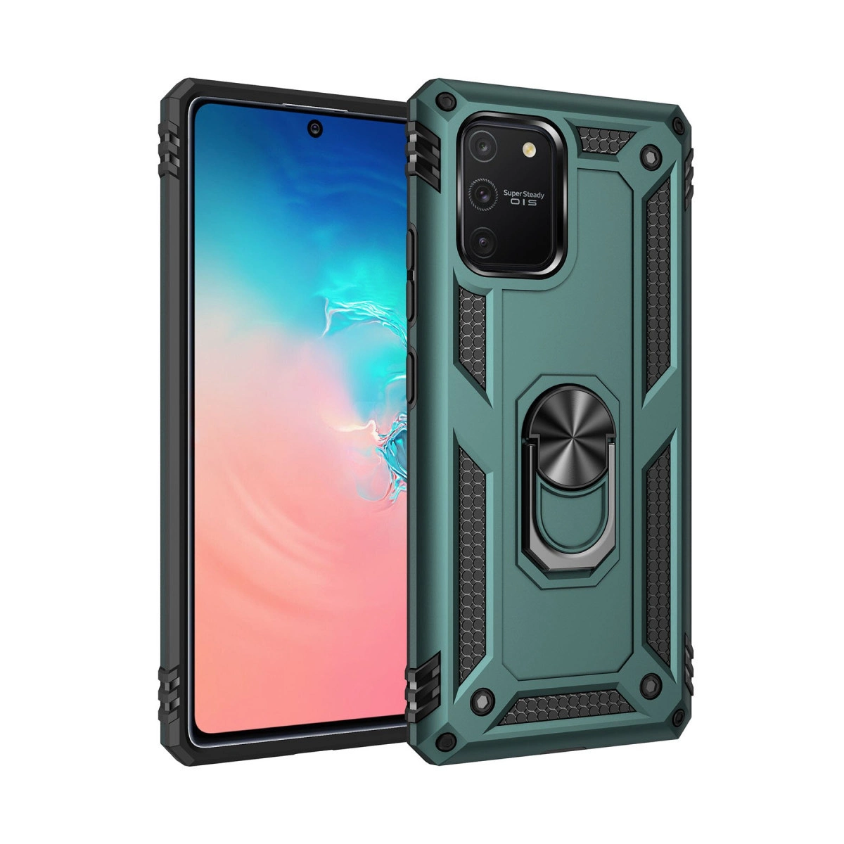 Akıllı telefonda stantlı ve halka tutuculu yeşil telefon kılıfı.