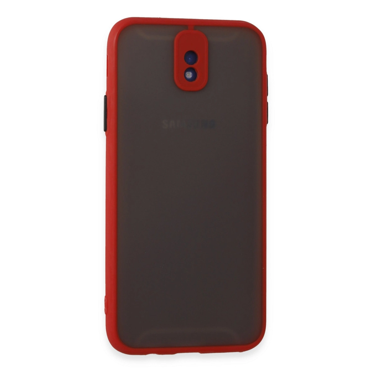 Koyu arka ve çift kamera kesimli kırmızı telefon kılıfı.