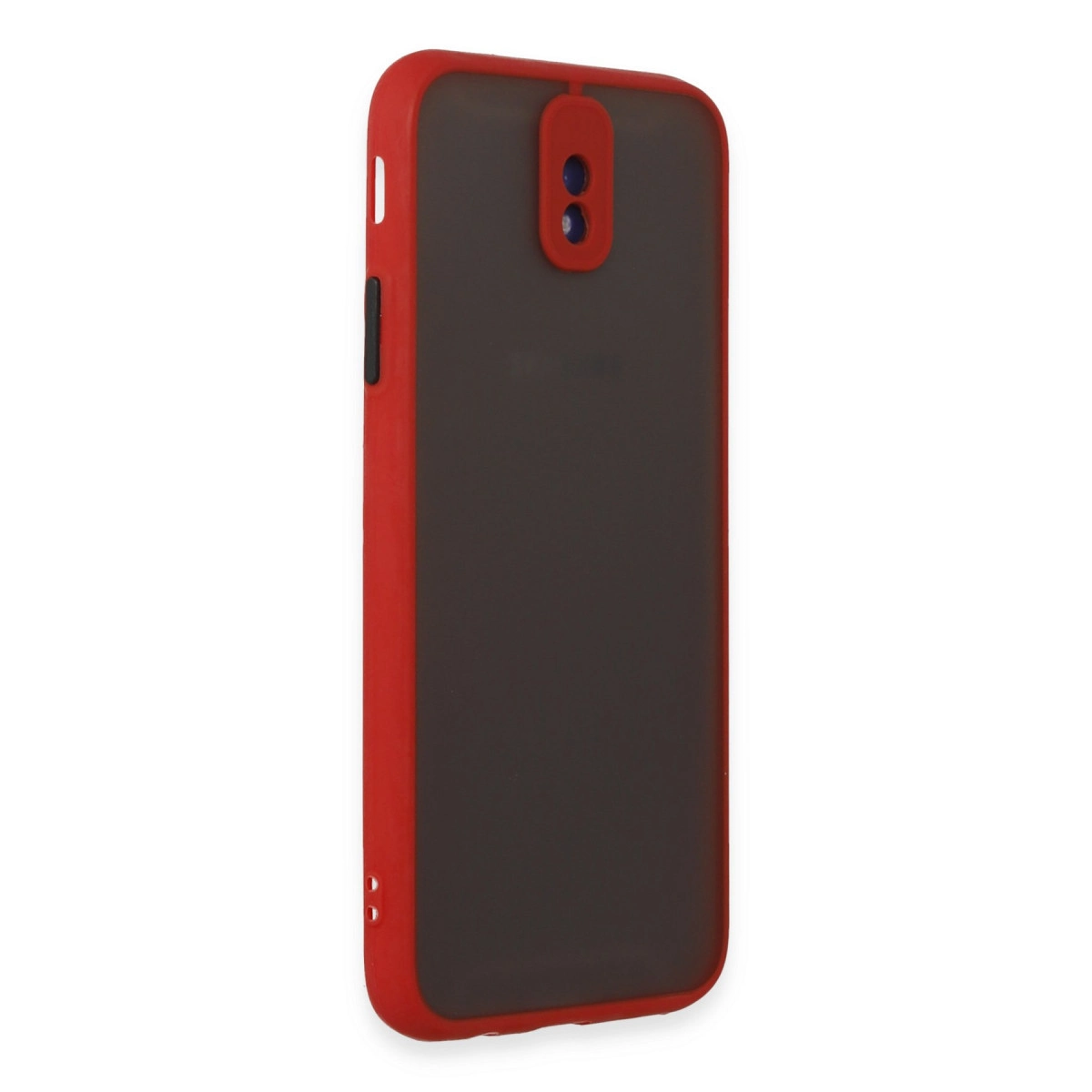 Kamera kesimli, koyu arka yüzlü kırmızı telefon kılıfı.