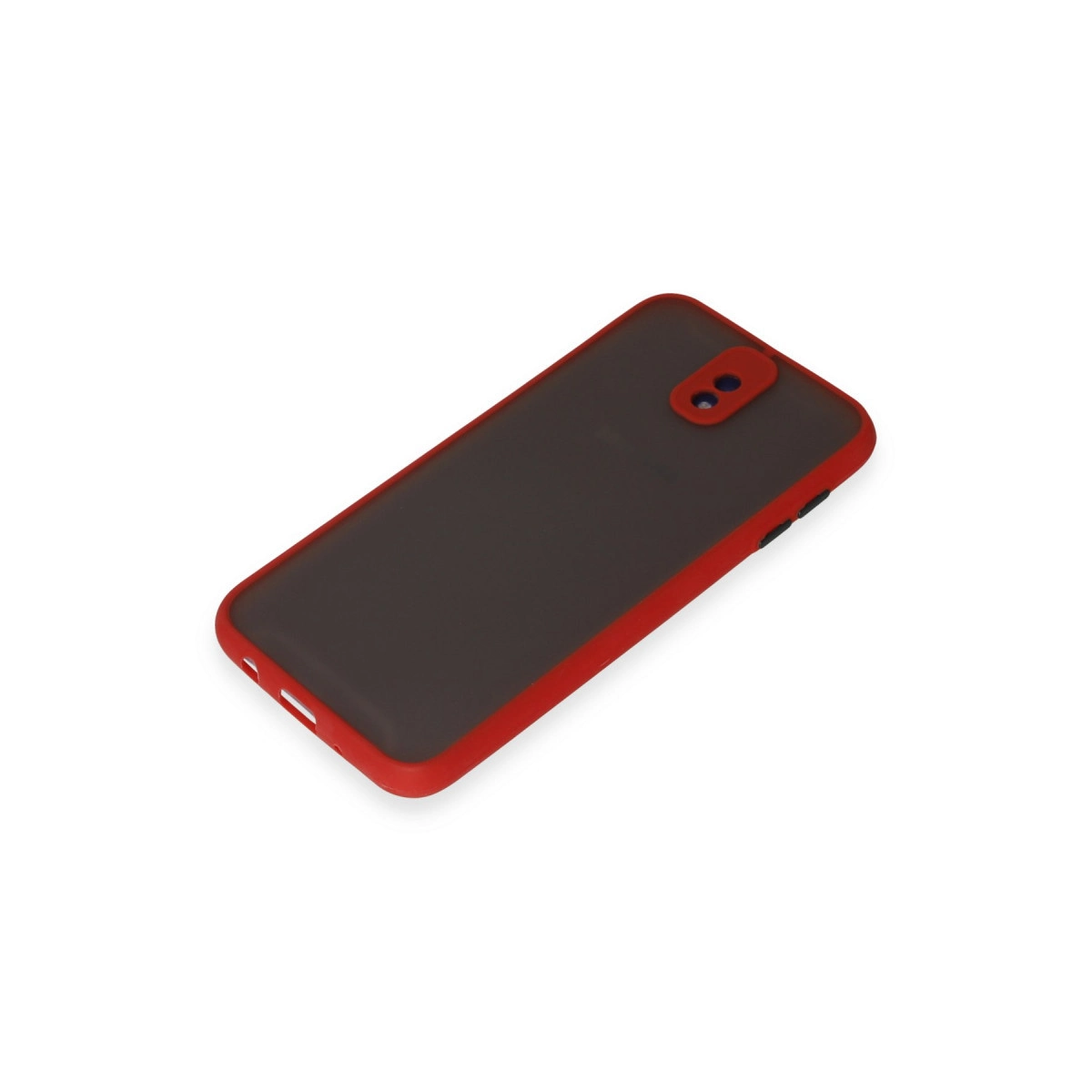 Kırmızı kenarlı ve kamera oyuntulu siyah telefon kılıfı.