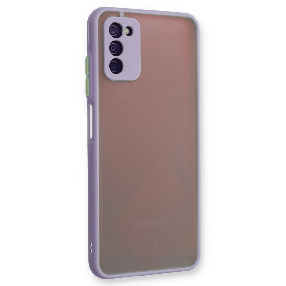Üç kamera lensli ve Samsung logolu mor telefon kılıfı.