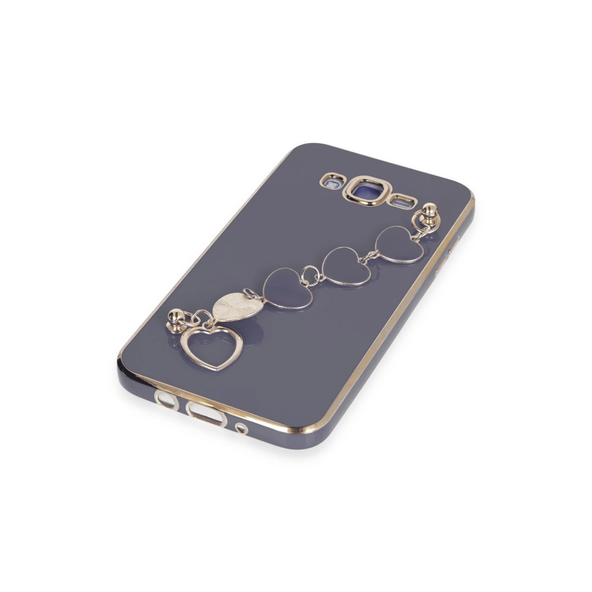Kalp şeklinde zincirli ve altın kenarlıklı gri telefon kılıfı.