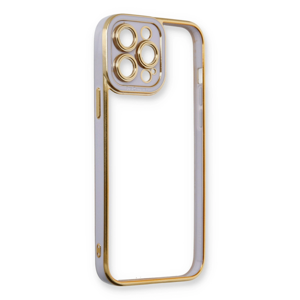 Altın çerçeveli ve kamera kesimli mor iPhone kılıfı.