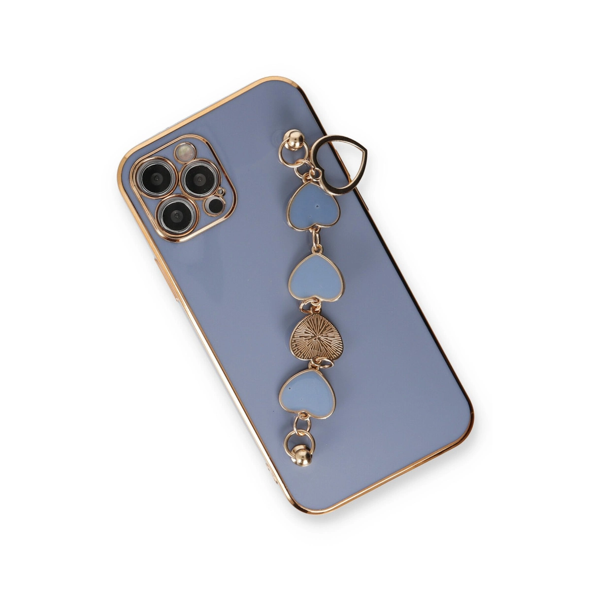 Altın çerçeveli mor bir telefon ve kalp şeklinde charm bileklik.