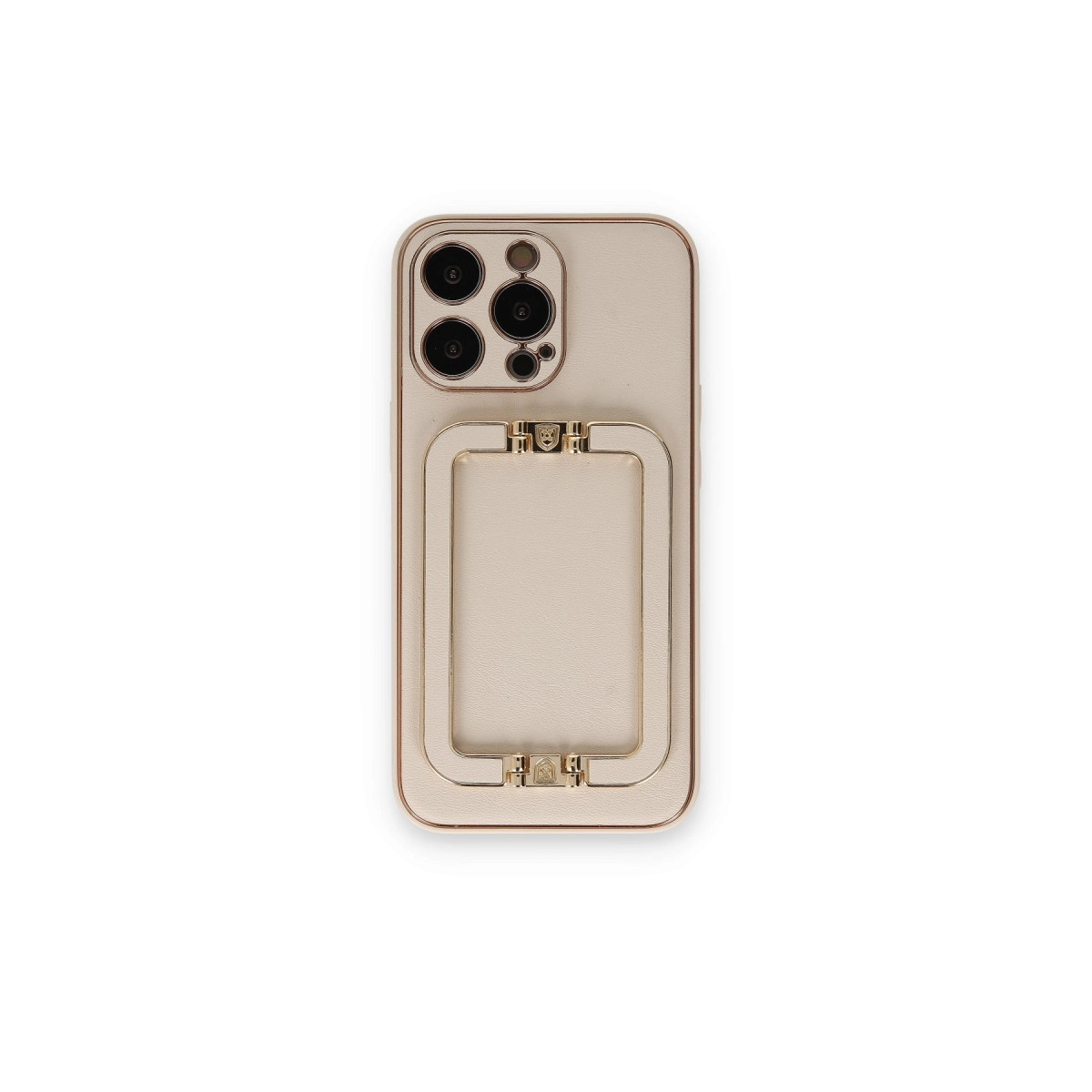 Kamera lensli ve entegre halka tutuculu krem rengi telefon kılıfı.