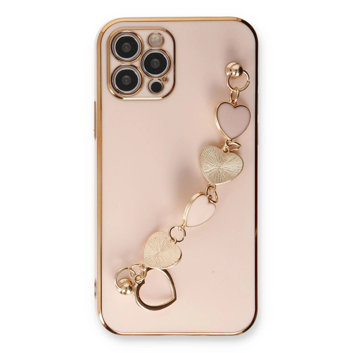 Altın kenarlı, kalp figürlü charm zincirli açık pembe telefon kılıfı.