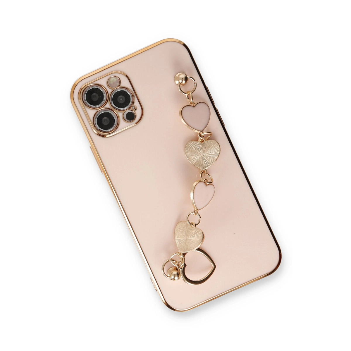 Kamera modüllü pembe telefon ve kalp figürlü altın zincir bileklik.