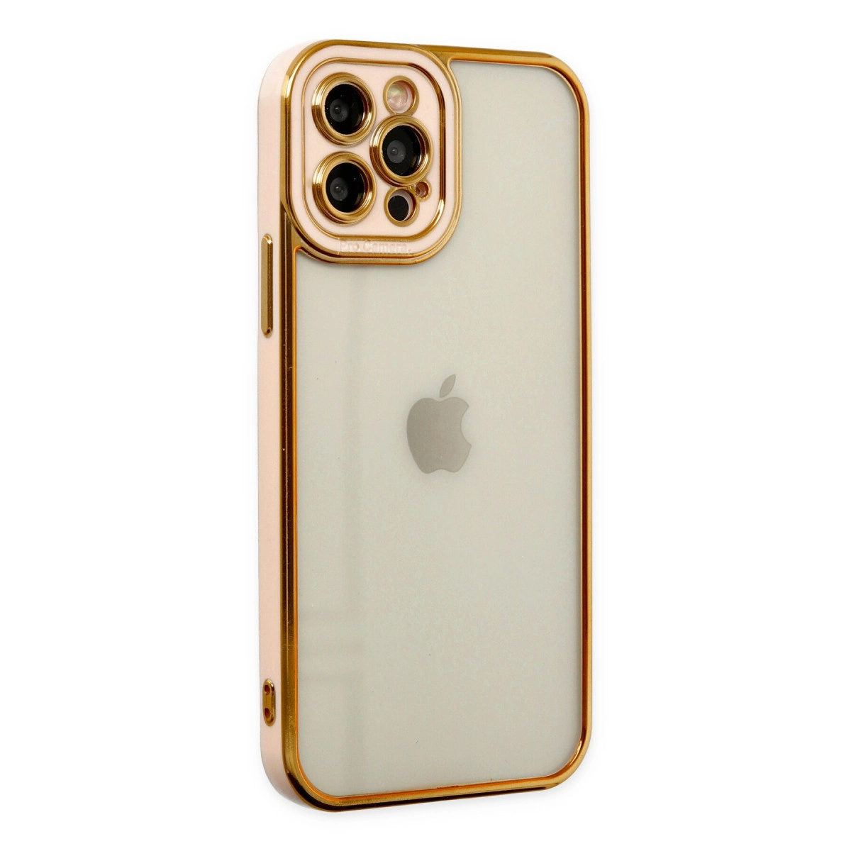 Altın kenarlı, şeffaf iPhone kılıfı, arkasında dörtlü kamera grubu.