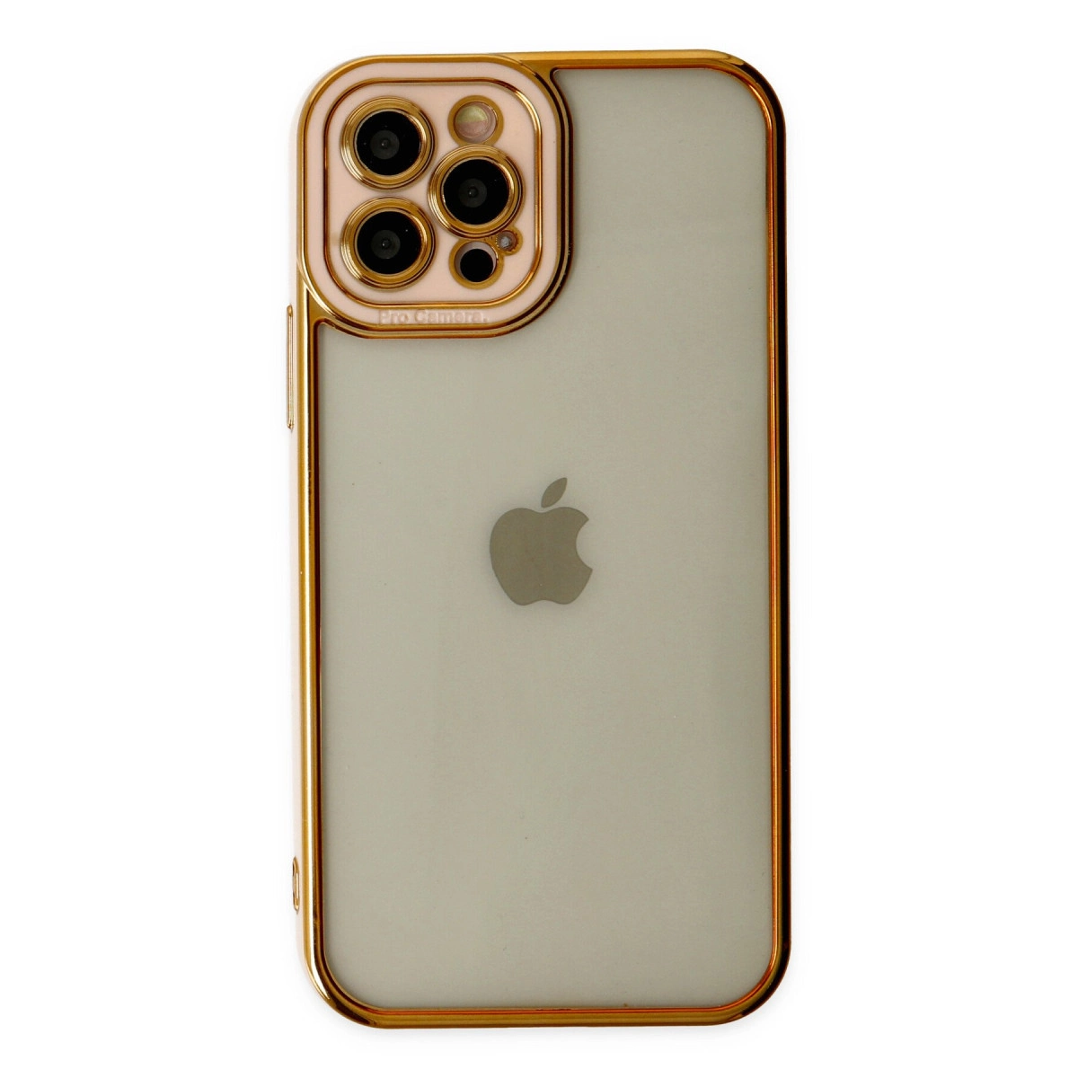Altın kenarlı, kamera kesimli ve Apple logolu telefon kılıfı.