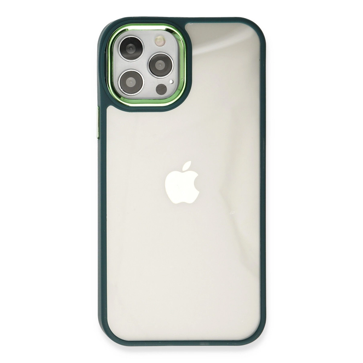 Şeffaf arka ve Apple logosuna sahip koyu yeşil telefon kılıfı.
