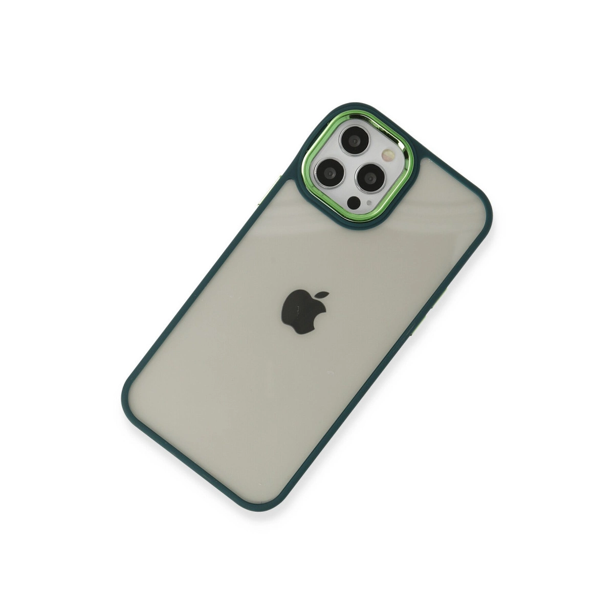 Şeffaf kılıflı, koyu kenarlı ve yeşil kamera çerçeveli iPhone'un arkası.