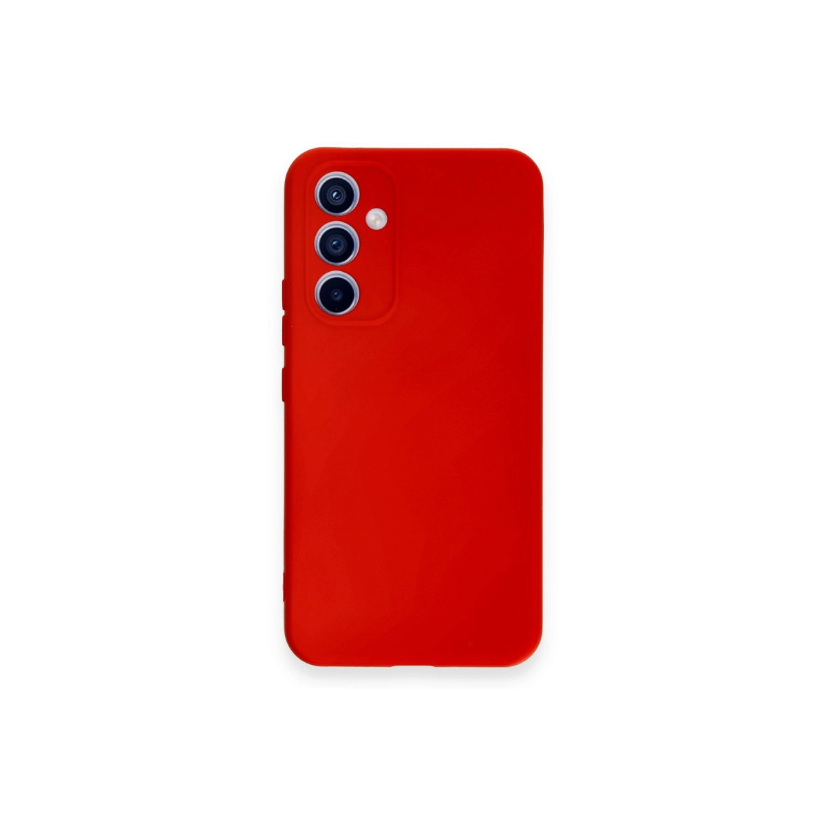 Beyaz arka plan üzerinde üç kamera lensli kırmızı telefon kılıfı.