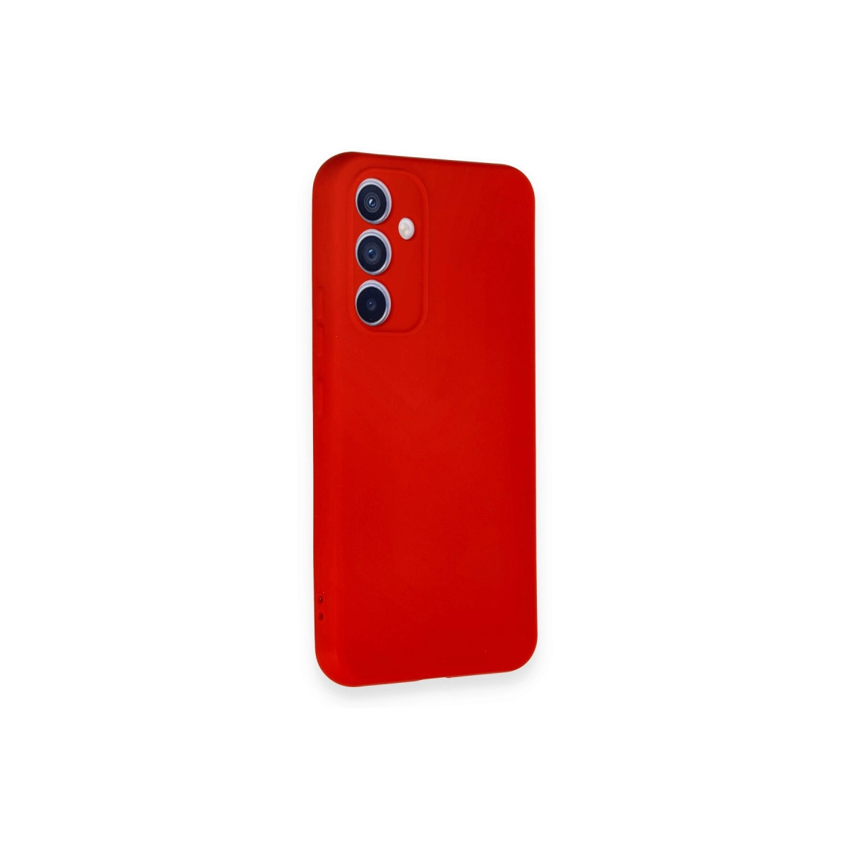 Beyaz arka plan üzerinde üç kamera lensli kırmızı telefon kılıfı.