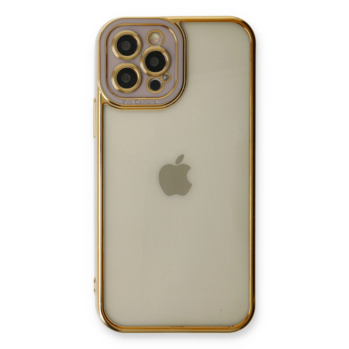 Dört kameralı ve Apple logolu altın iPhone kılıfı.