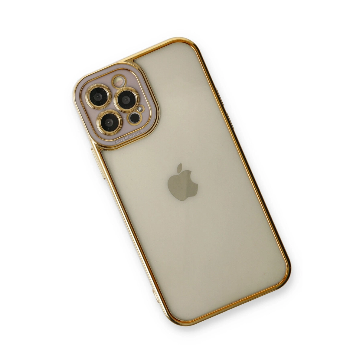 Altın rengi iPhone kılıfı, şeffaf arka yüzü ve kamera lensi.