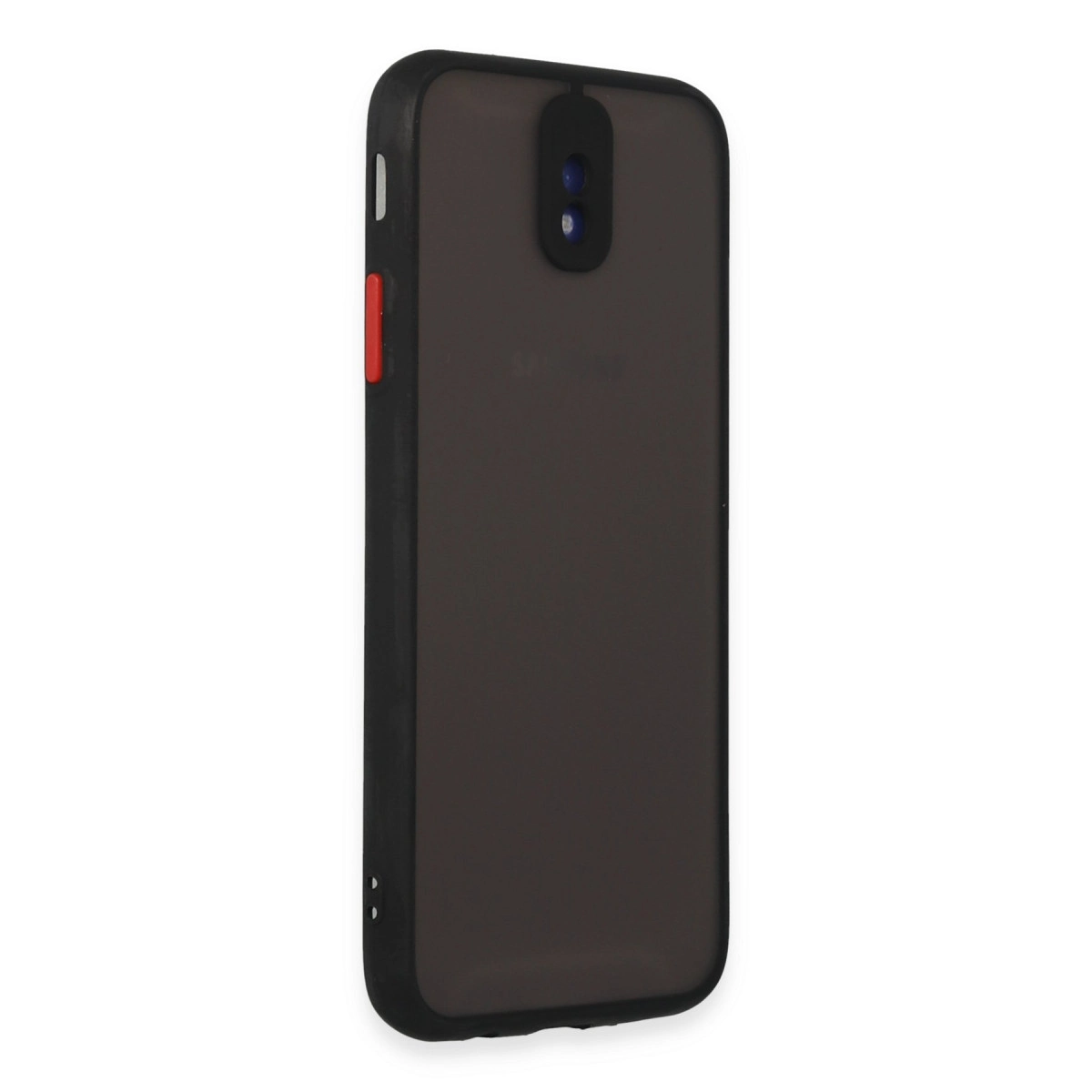 Kırmızı düğmeli ve çift kamera açıklıklı siyah telefon kılıfı.
