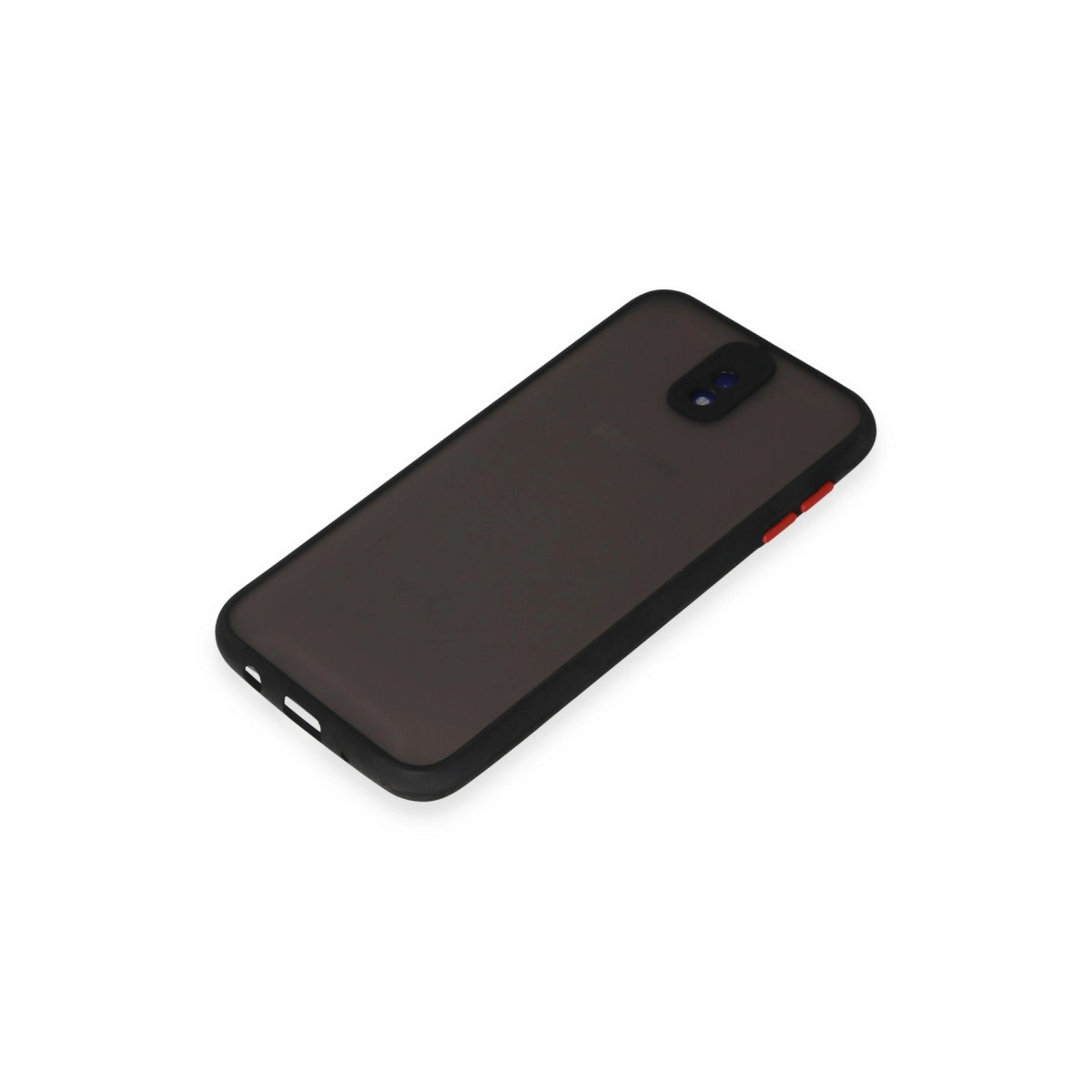 Siyah çerçeveli ve kırmızı düğmeli koyu gri telefon.