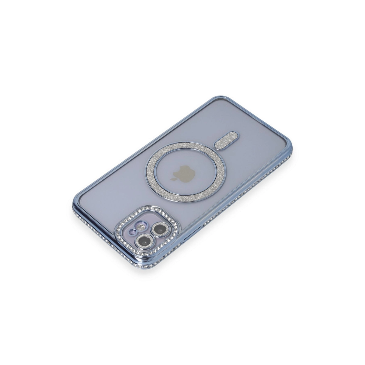 Mor iPhone kılıfı, taşlarla ve Magsafe halkasıyla süslenmiş.