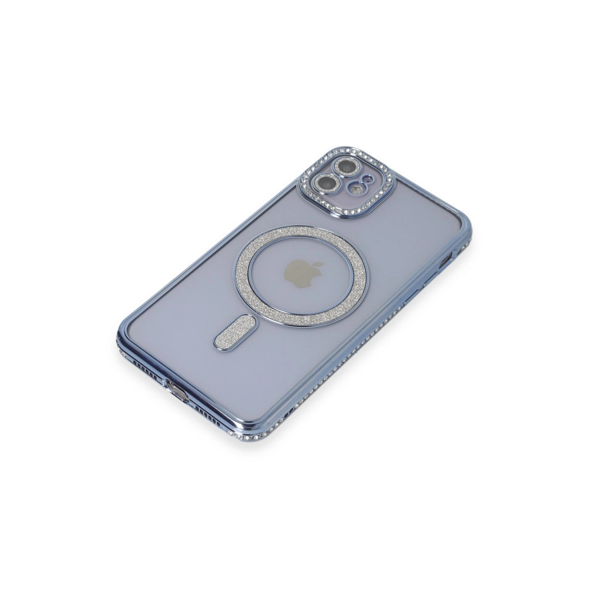Gümüş aksanlar ve halkalar içeren şeffaf telefon kılıfı.