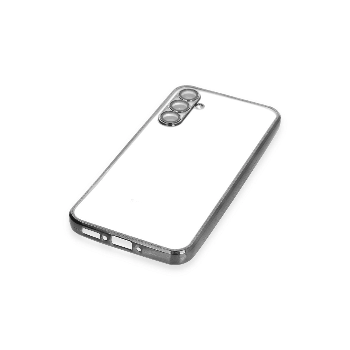 Üç kamera lensli ve alt kenarda kesikleri olan şeffaf telefon kılıfı.