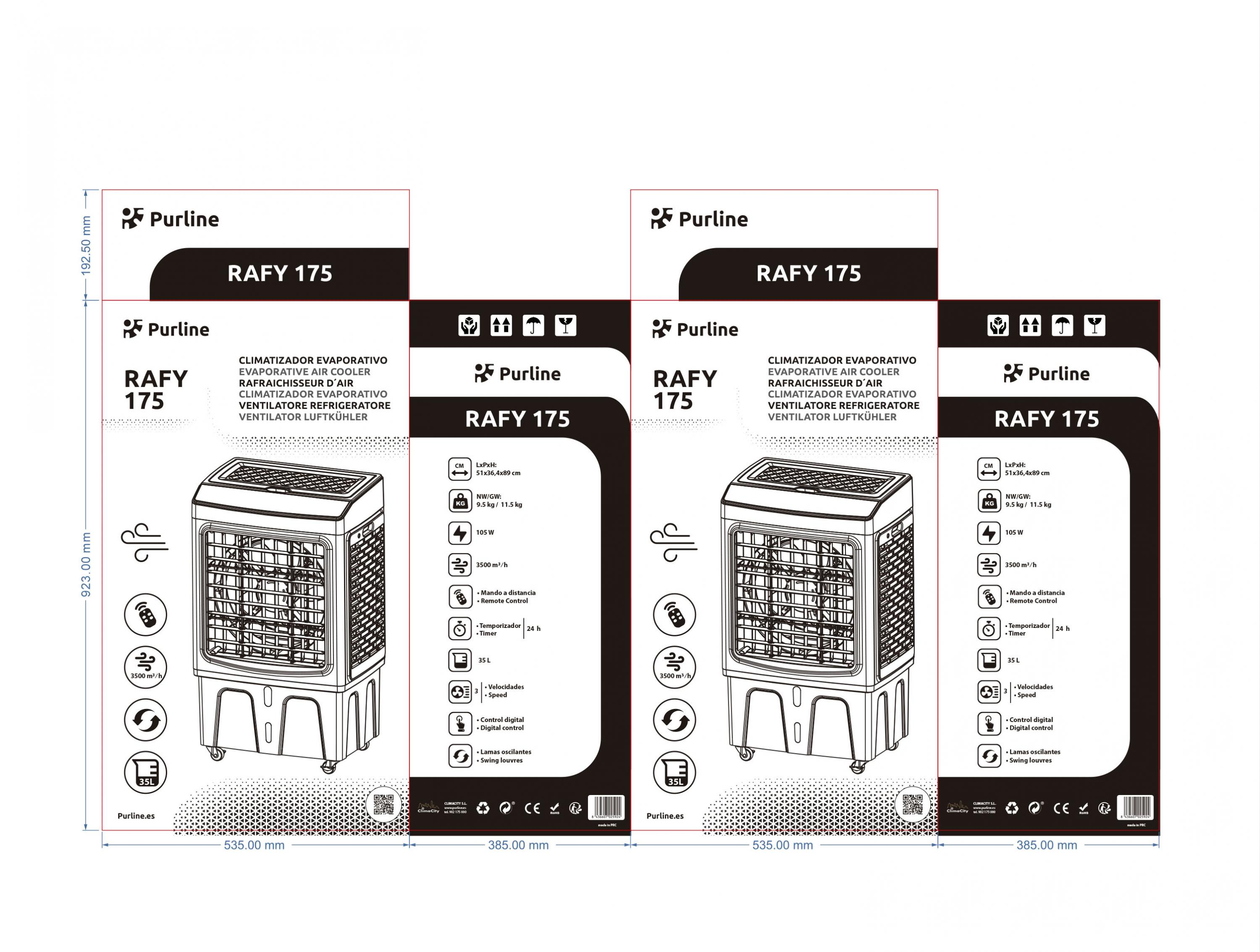 Purline RAFF 175 Luftkühler-Verpackung mit Produktbild, Maßen und Spezifikationen.