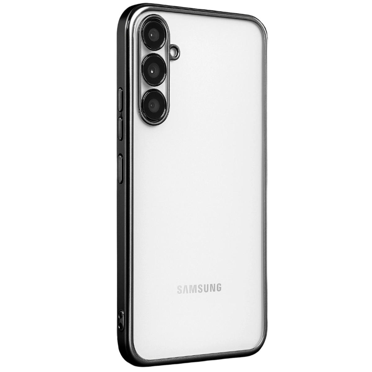 Gümüş çerçeveli, üç kameralı beyaz Samsung akıllı telefonun arkası.