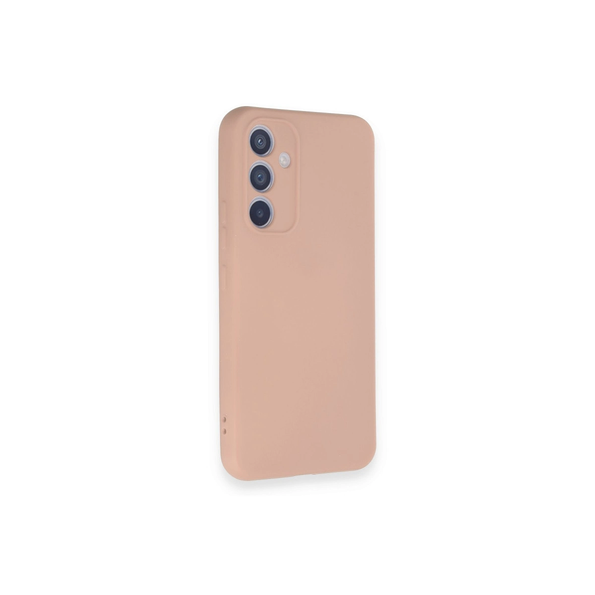 Arkada üç kamera lensi bulunan şeftali rengi telefon kılıfı.