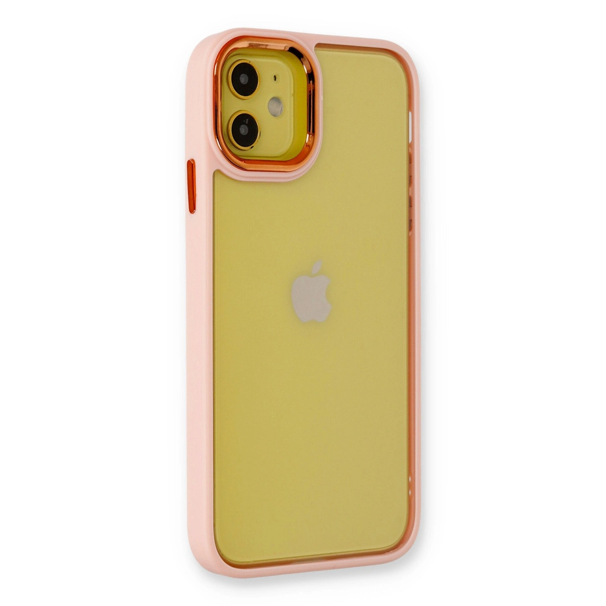 Açık sarı iPhone, pembe altın çerçeve ve kamera lensi ile.