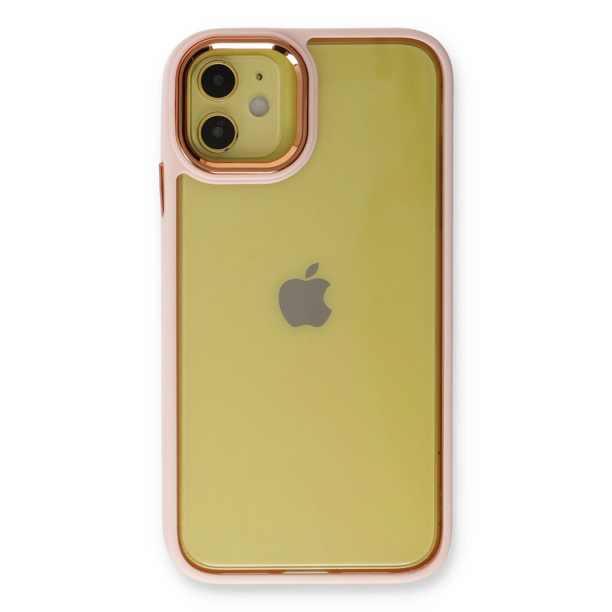 Şeffaf sarı kılıflı ve rose altın kenarlıklı bir iPhone.