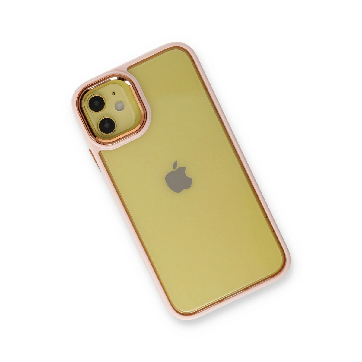 Beyaz arka plan üzerinde, rose gold çerçeveli sarı iPhone.