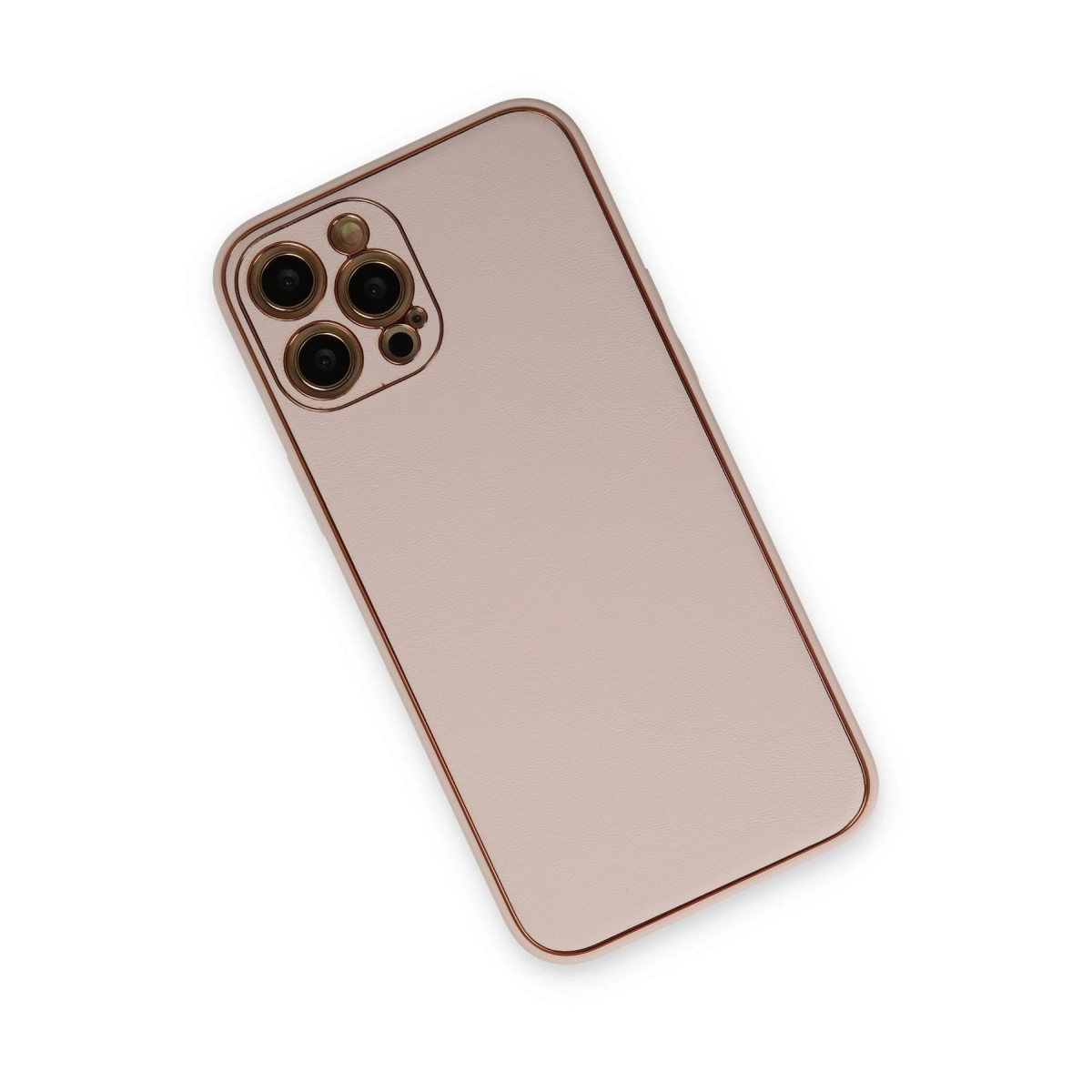 Beyaz arka plan üzerinde üç kameralı, gül altın rengi iPhone'un arka görünümü.