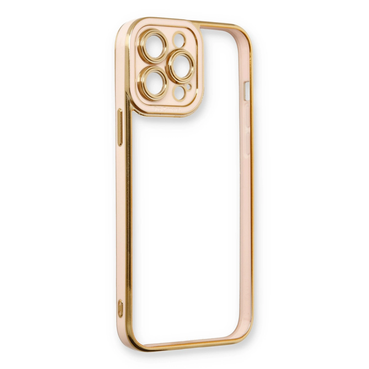 Altın süslemeli ve kamera oyuntulu pembe telefon kılıfı.